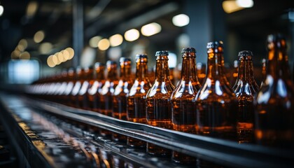 Industrial technological production of craft beer  automated conveyor line with beer bottles