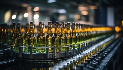 Industrial technological production of craft beer  automated conveyor line for bottling process - obrazy, fototapety, plakaty