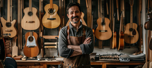 Master luthier with a beard smiles, in his stringed instrument workshop, generative AI - obrazy, fototapety, plakaty