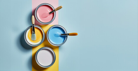Banner with four open cans of paint with brushes on them on bright symmetry background. Yellow, white, pink, blue colors of paint. Top view. Concept of repair, hobby, art and free time. Bright colors - obrazy, fototapety, plakaty