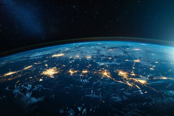 Surface of Earth planet in deep space. Outer dark space wallpaper. Night view on planet with cities...