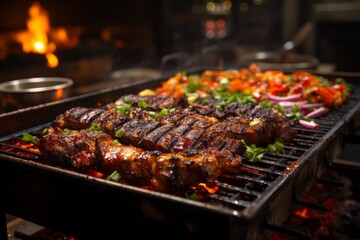 Barbecue meat with vegetables on the grill with flames - obrazy, fototapety, plakaty