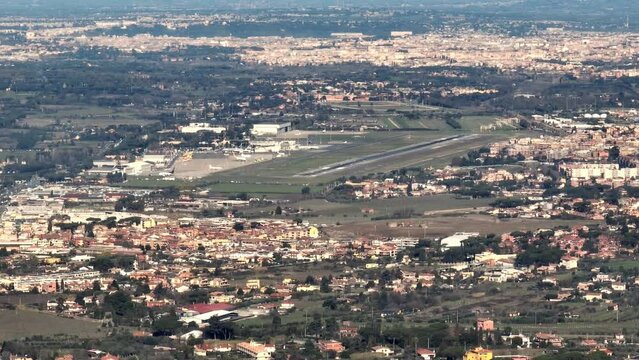 Aerial view of Ciampino civil airport. It is located near Rome, Italy, and is the second airport of the Italian capital.