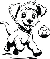 Cute dog playing with a ball. black and white vector illustration - obrazy, fototapety, plakaty