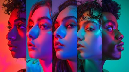 portraits of young models on colored neon background