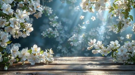 Spring background with white blossoms and sunbeams in front of a wooden table, - obrazy, fototapety, plakaty