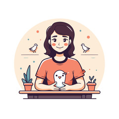 Cute girl sitting at the table with a bird. Vector illustration.