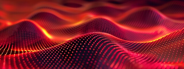 wave of dots and line mesh grid to show big data and technology big data communication on red abstract background
