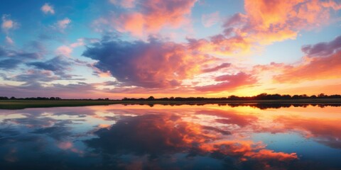 Fototapeta premium Wonderful sunset sky with puffy clouds with vibrant colors background