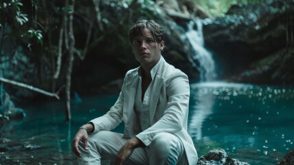 white dressed young man in a place like paradise, looking at camera, cinematic