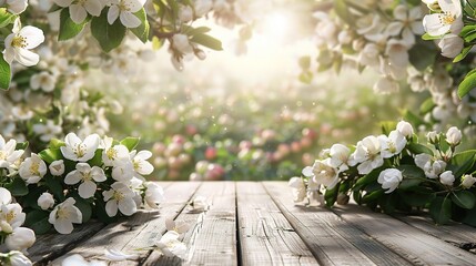 Spring background with white blossoms and white wooden table. Spring apple garden on the background