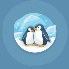 Penguin couple in snow. Cute cartoon vector illustration.