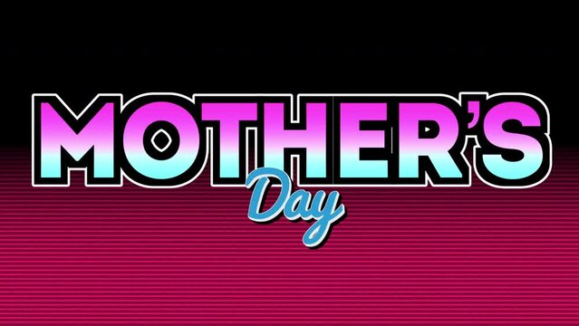 A vibrant and eye-catching Mothers Day design featuring neon-colored, stylized letters that spell Mothers Day on a black and pink striped background. Celebrate in style!