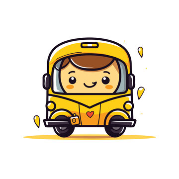 Cute cartoon boy in spacesuit driving a school bus. Vector illustration.