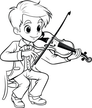 Boy playing violin - black and white vector illustration. isolated on white background.