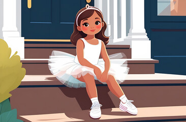 cute girl ballerina sitting on the porch of the house, cartoon style illustration