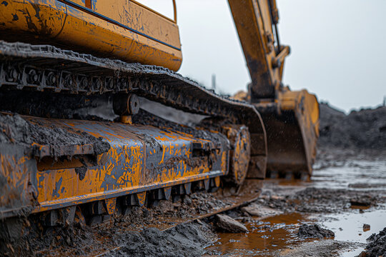 Yellow excavator scooping up dirt and debris at construction site
