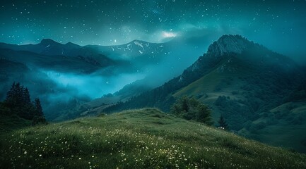 star studded mountains, in the style of rural landscapes mysterious