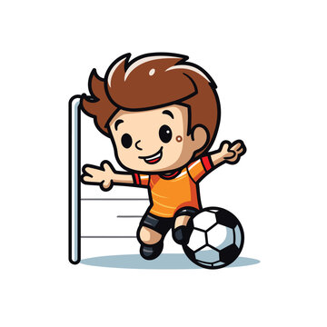 Soccer player cartoon vector illustration. Cute boy kicking the ball