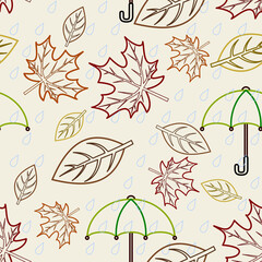 Editable Outline Style Vector Illustration of Rainy Autumn Falling Leaves Seamless Pattern For Creating Background and Decorative Element of Nature and Season Related Design