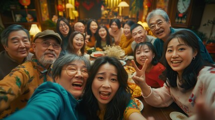 Selfie shot , asian teenage girl taking selfie with big family and grand parents on dinner.