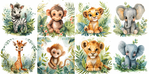 cute baby jungle, safari animals illustration clipart isolated on background, generated ai