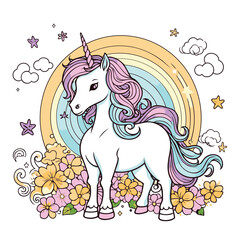 Obraz na płótnie Canvas Unicorn with rainbow and flowers. Hand drawn vector illustration.