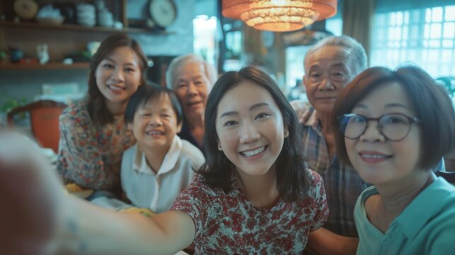 Selfie shot , asian teenage girl taking selfie with big family and grand parents on dinner.