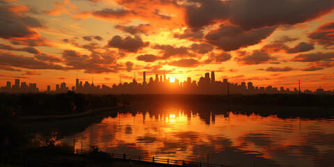 Naklejka premium The golden rays of sunset permeate the city silhouette line, creating an atmosphere of magic and