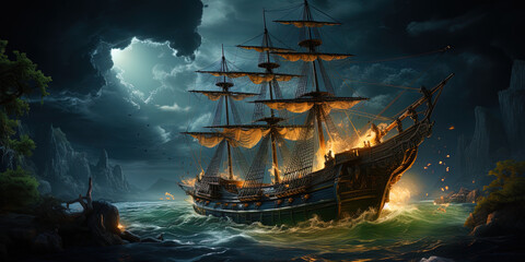 The lost ship, immersed in the dark depths of the ocean, like a lost artifact, expecting its t