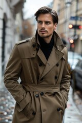 Male model wearing a fashionable timeless trench coat 