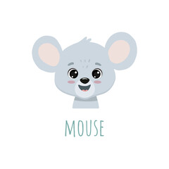 Cute cartoon mouse face on white background. Mouse icon.  Vector illustration