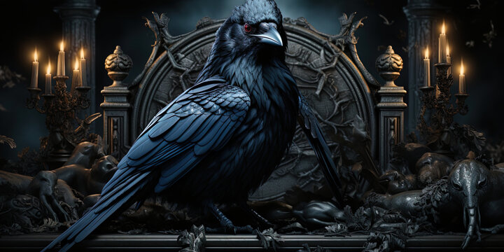 The majestic crow, sitting on the asphalt in the darkness of the night, like a dark angel guar