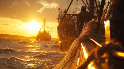 Fiery Sea: Fisherman's Sunset Silhouette