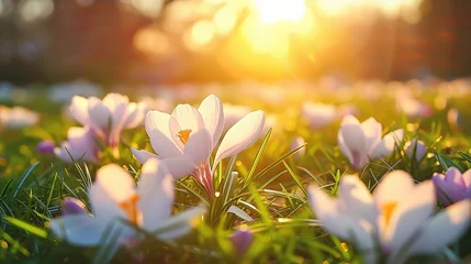 Foto op Plexiglas Spring Flowers - Crocus Blossoms On Grass With Sunlight © INK ART BACKGROUND