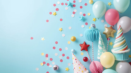 Banner Celebration decor with colorful balloons, party hats, and confetti for birthday or festive events