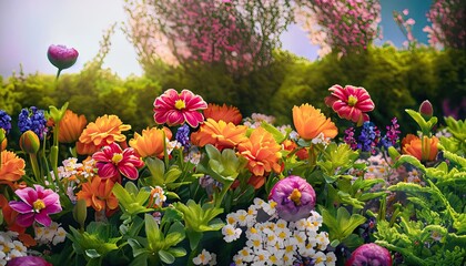 A vibrant, lush garden of spring flowers, bursting with color and life