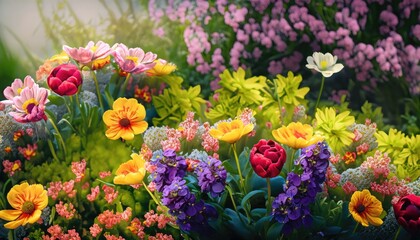 Obraz na płótnie Canvas A vibrant, lush garden of spring flowers, bursting with color and life
