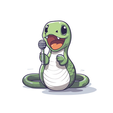 Cute snake singing karaoke isolated on white background vector illustration