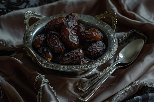 dates or kurma in traditional metal bowl. dark background. ramadan kareem holiday celebration concept