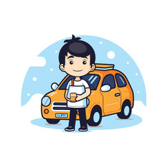 Cute little boy with car in winter time. Vector illustration.