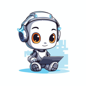 Cute little robot with a laptop. Vector illustration isolated on white background.