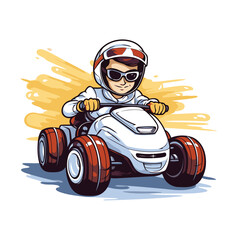 Funny karting boy riding a race car. Vector illustration. - obrazy, fototapety, plakaty
