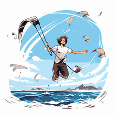Kitesurfer on the seashore. Vector illustration.