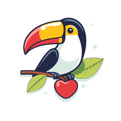 Cute cartoon toucan on a branch with a cherry. Vector illustration.