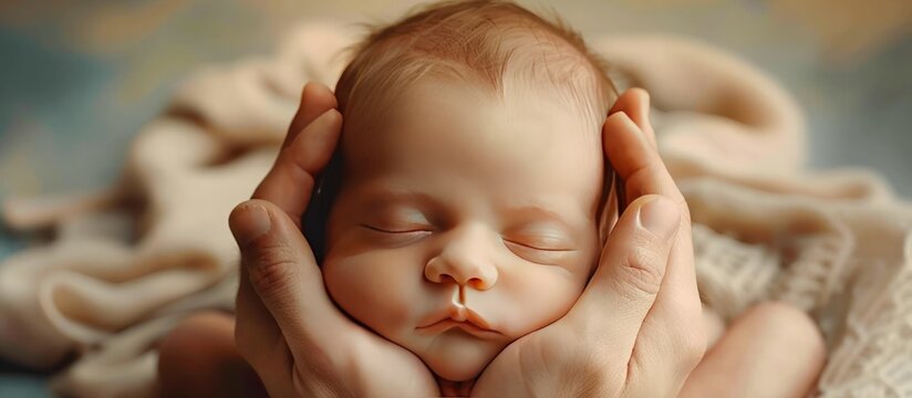 Close up portrait a father holding sleeping newborn baby. AI generated image