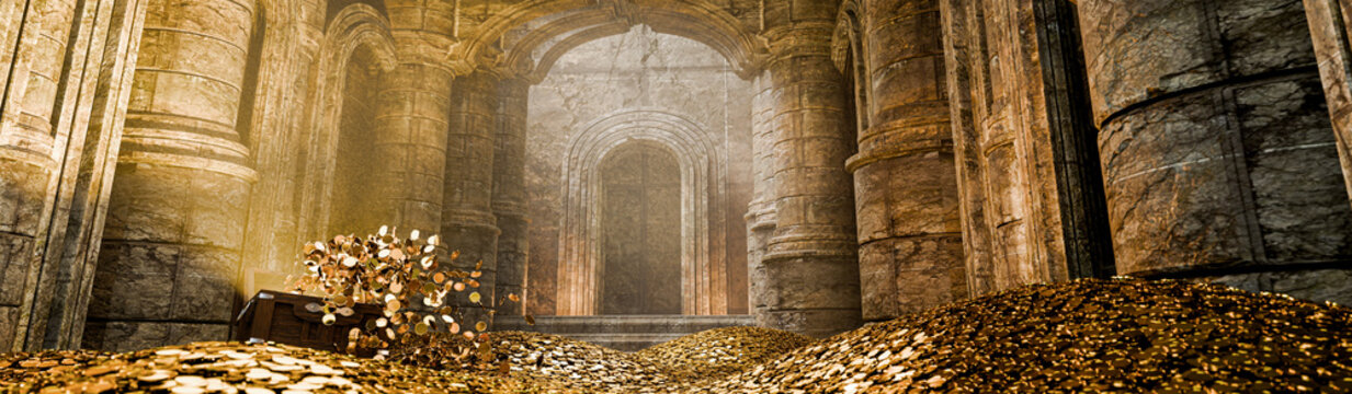 Treasury hall. treasure trove of gold coins And chests and treasure boxes pile up. Treasuries, kingdoms and castles. The concept of finding lost ancient treasures. 3d rendering image..