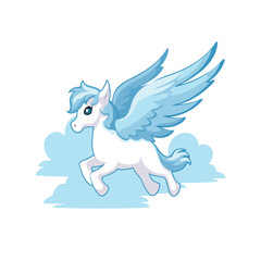 Cute white unicorn with wings flying in the sky vector Illustration