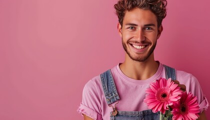 Handsome men with flower and postcard celebrating woman s day with bright conception theme