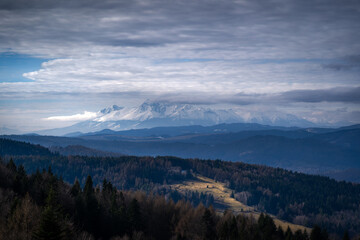 Panorama High Tatra Mountains in early spring, view from Wierchomla, Beskid Sadecki, Poland.
